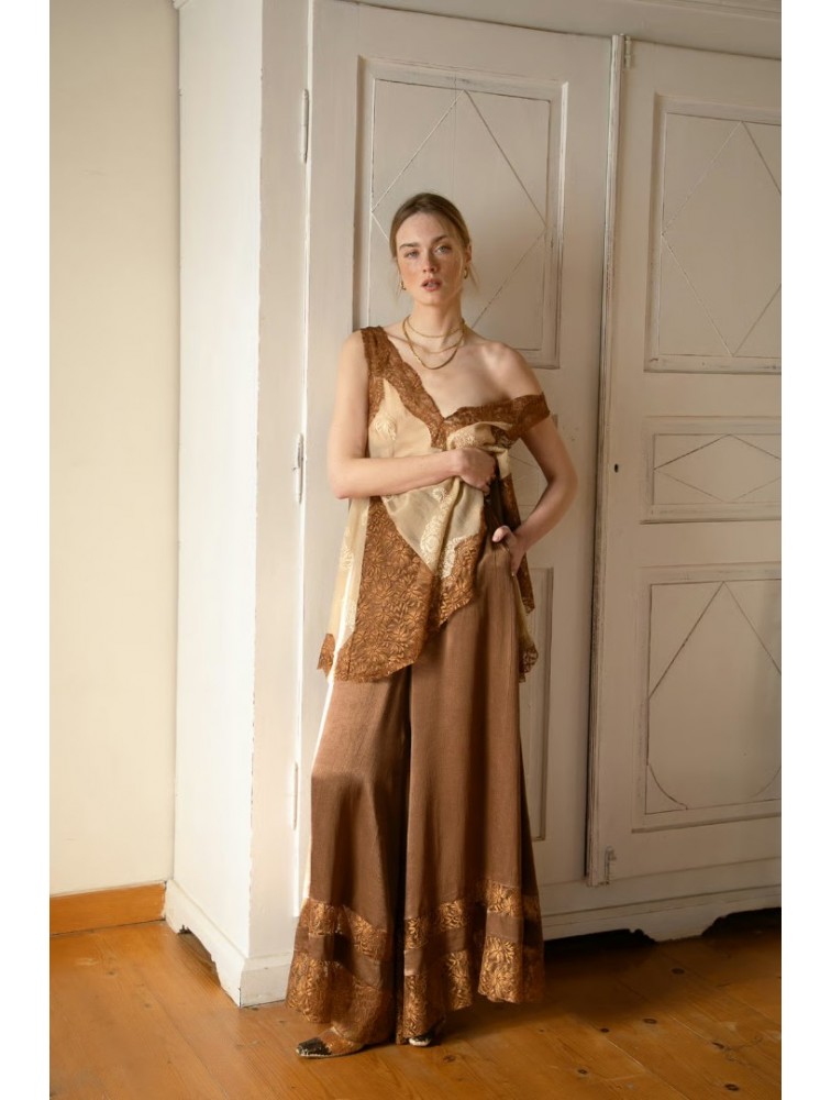 NIDODILEDA Scope Pants Satin Lace Embellished Chocolate Brown Satin Pants