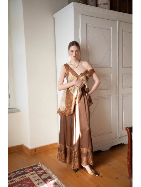 NIDODILEDA Scope Pants Satin Lace Embellished Chocolate Καφέ Σατέν Παντελόνα 