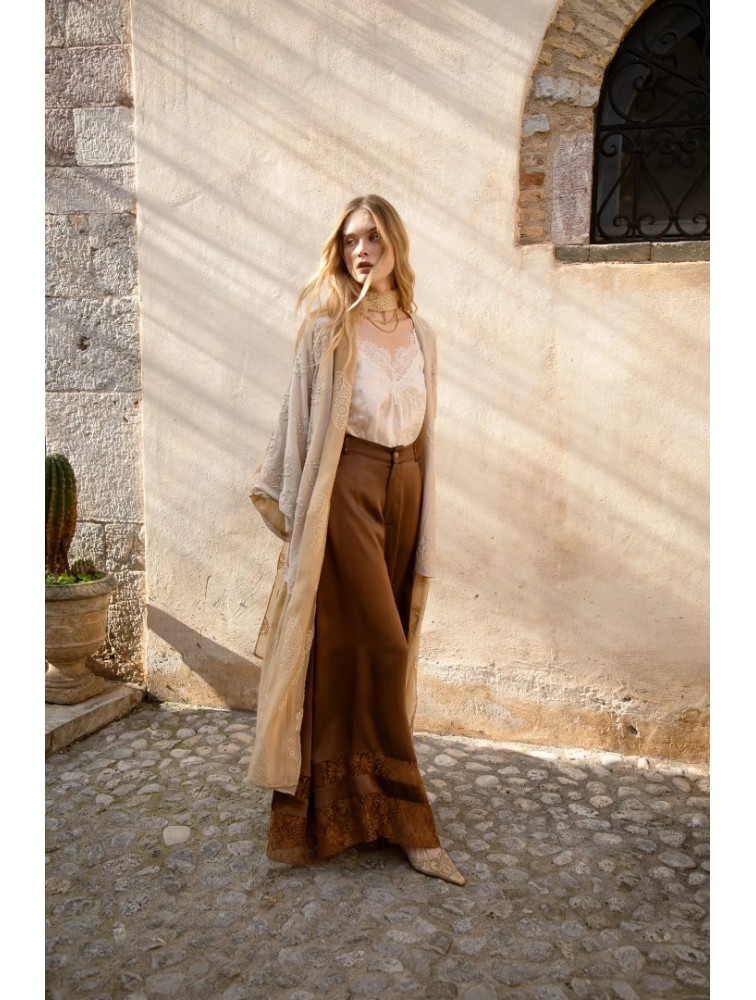 NIDODILEDA Scope Pants Satin Lace Embellished Chocolate Brown Satin Pants