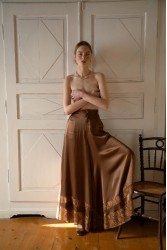 NIDODILEDA Scope Pants Satin Lace Embellished Chocolate Brown Satin Pants