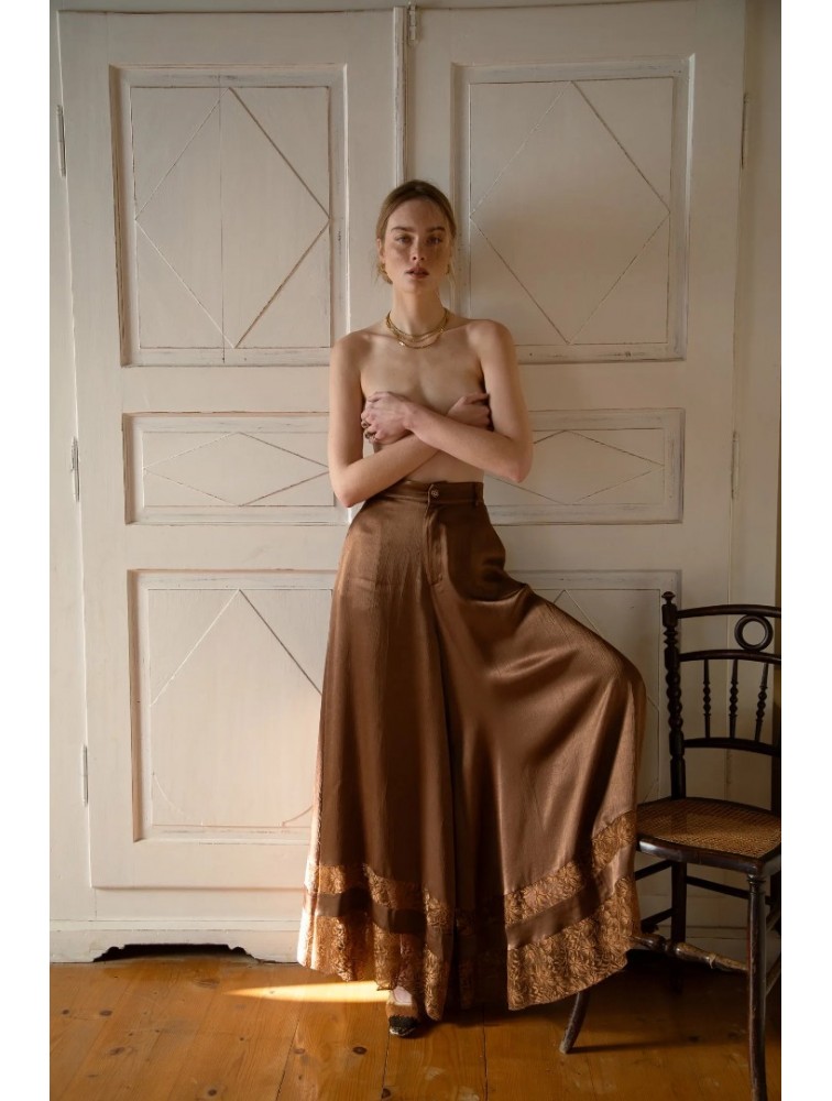 NIDODILEDA Scope Pants Satin Lace Embellished Chocolate Brown Satin Pants