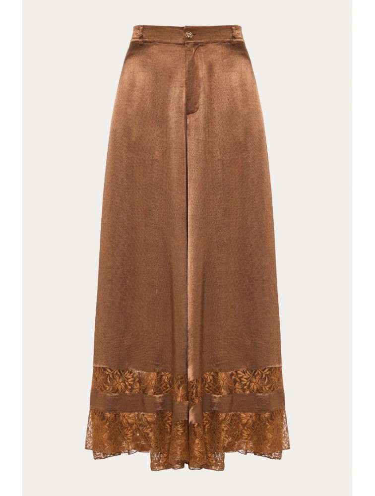 NIDODILEDA Scope Pants Satin Lace Embellished Chocolate Brown Satin Pants