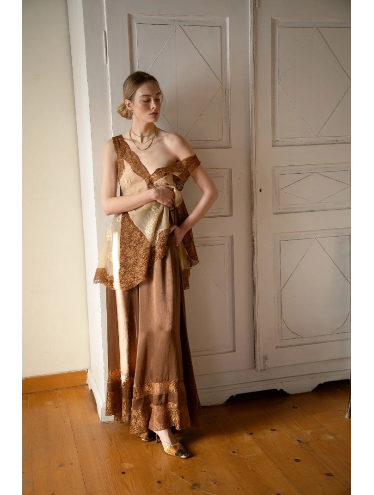 NIDODILEDA Scope Pants Satin Lace Embellished Chocolate Brown Satin Pants