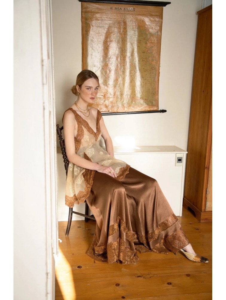 NIDODILEDA Scope Pants Satin Lace Embellished Chocolate Brown Satin Pants