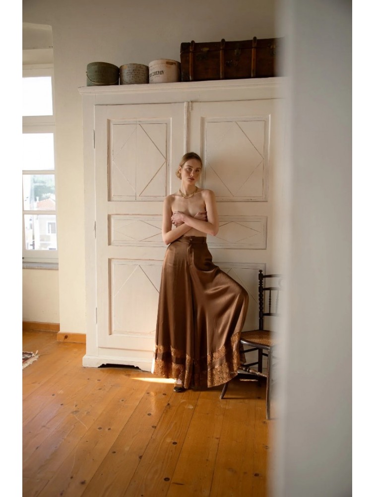 NIDODILEDA Scope Pants Satin Lace Embellished Chocolate Brown Satin Pants
