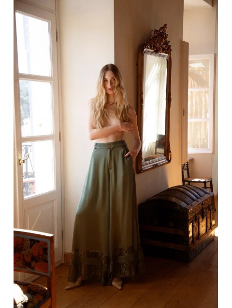 NIDODILEDA Scope Pants Satin Lace Embellished Olive Green Πράσινη Σατέν Παντελόνα 