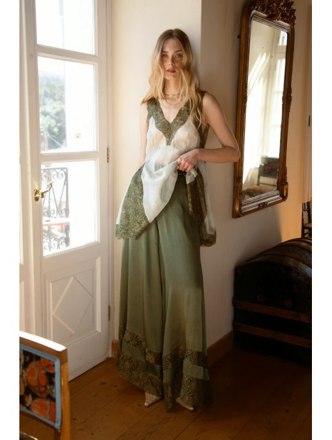NIDODILEDA Scope Pants Satin Lace Embellished Olive Green Πράσινη Σατέν Παντελόνα 