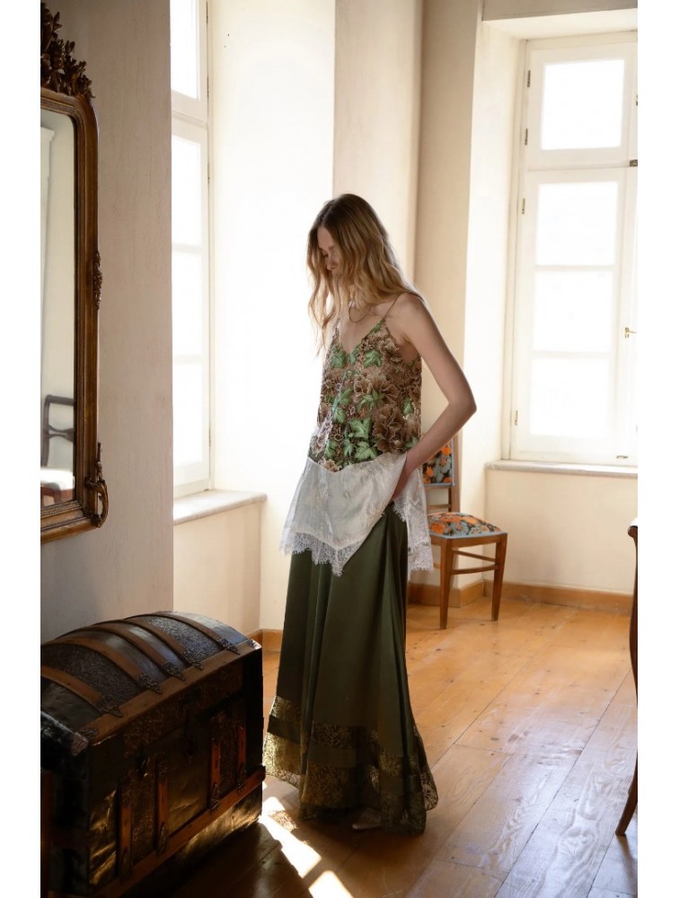 NIDODILEDA Scope Pants Satin Lace Embellished Olive Green