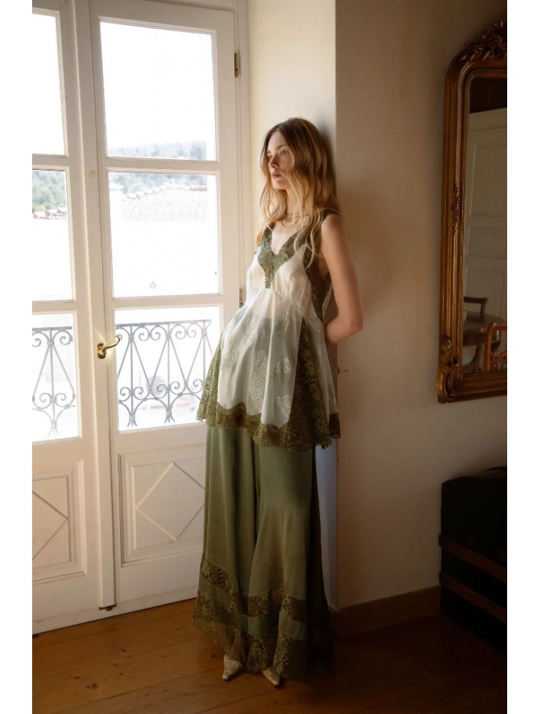 NIDODILEDA Scope Pants Satin Lace Embellished Olive Green