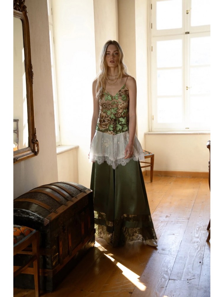 NIDODILEDA Scope Pants Satin Lace Embellished Olive Green