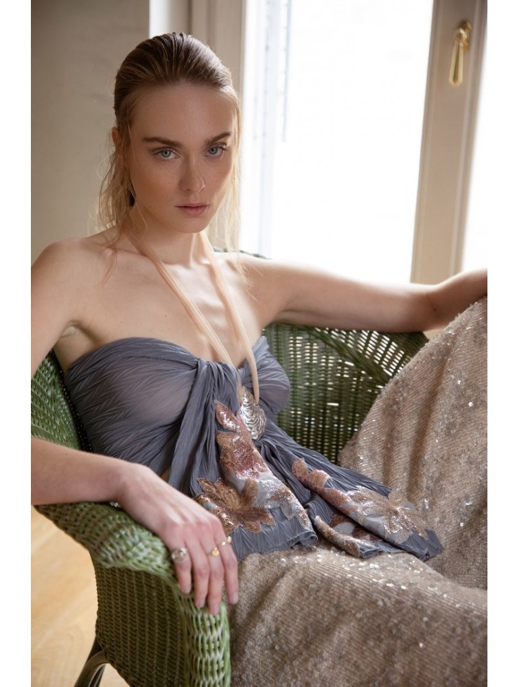 NIDODILEDA Seaze Shawl Sequined Floral Applique Μπλε Σάλι