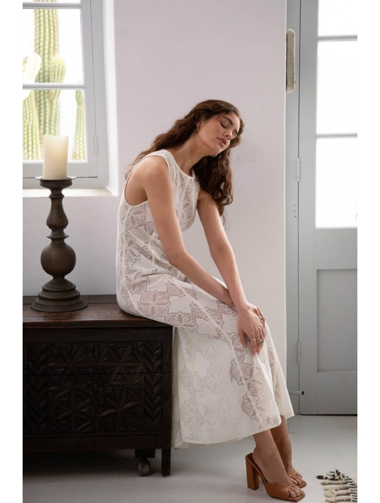 NIDODILEDA Span Dress Geometric Lace Overlay