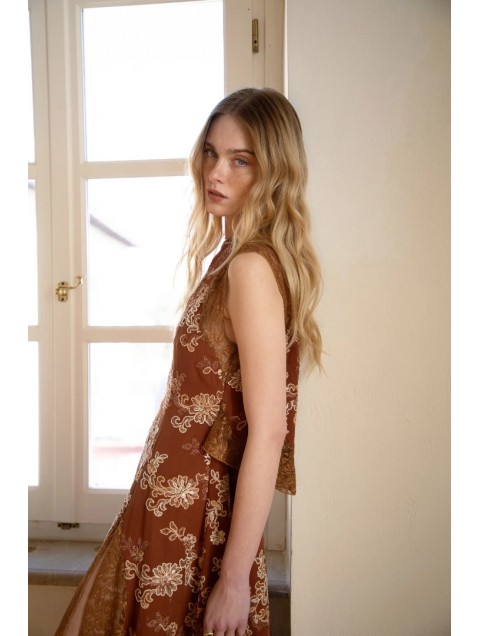 NIDODILEDA There Dress Floral Embroidered Lace Embellished Φλοράλ Τερακότα Φόρεμα