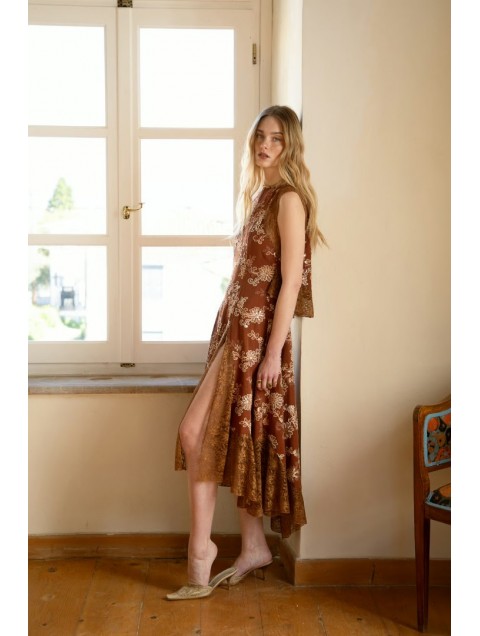 NIDODILEDA There Dress Floral Embroidered Lace Embellished Φλοράλ Τερακότα Φόρεμα