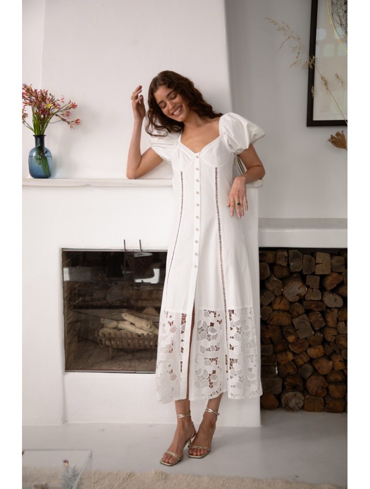 NIDODILEDA Trail Dress Embroidered Cut Out Overlay Λευκό Φόρεμα