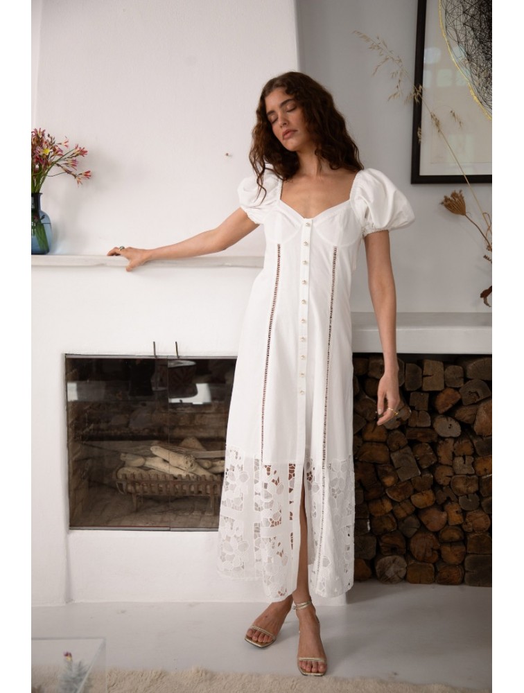 NIDODILEDA Trail Dress Embroidered Cut Out Overlay Λευκό Φόρεμα
