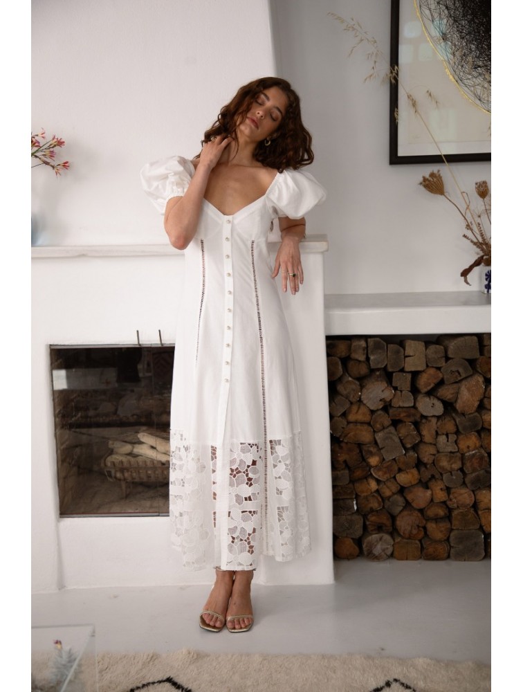 NIDODILEDA Trail Dress Embroidered Cut Out Overlay Λευκό Φόρεμα