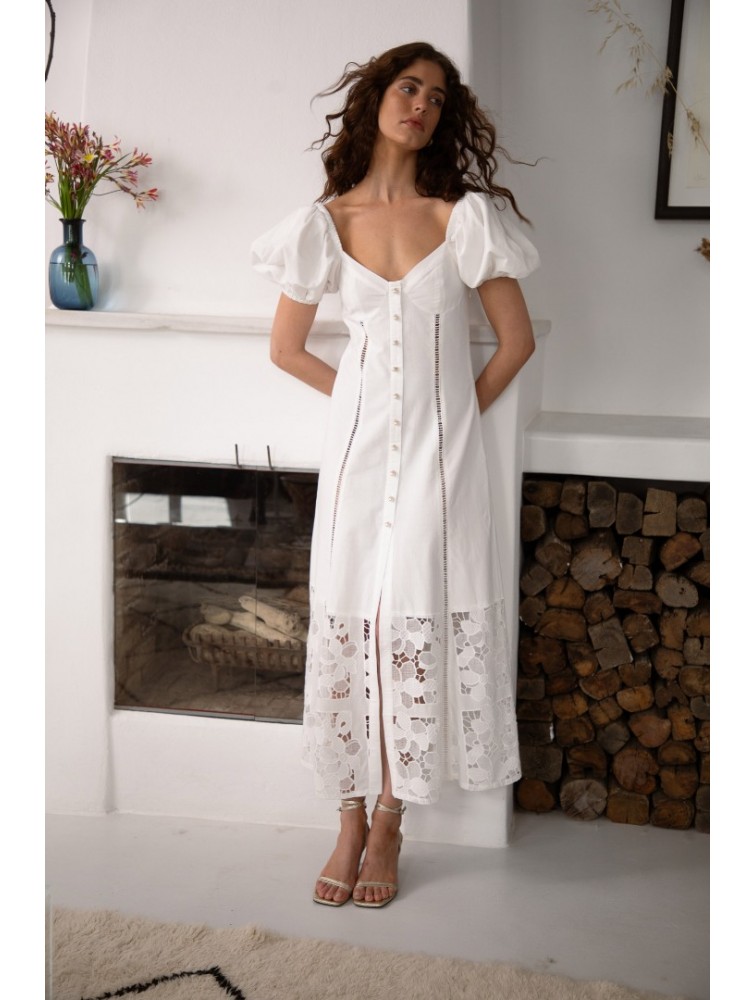 NIDODILEDA Trail Dress Embroidered Cut Out Overlay Λευκό Φόρεμα