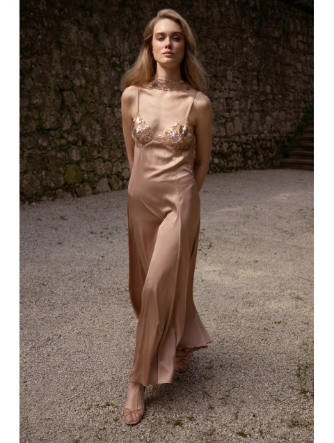 NIDODILEDA Unison Dress Satin Sequined Tulle Embellisment Μπεζ Σατέν Φόρεμα με Παγέτες