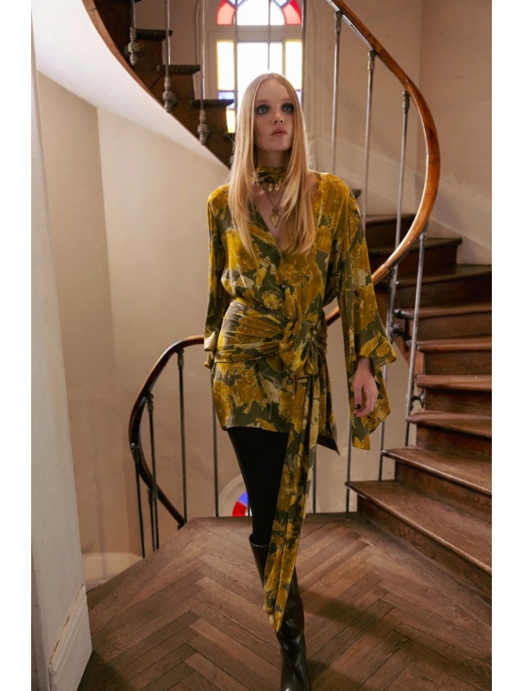 NIDODILEDA Verity Shirt Printed Belted Mustard Φλοράλ Κίτρινο Πουκάμισο