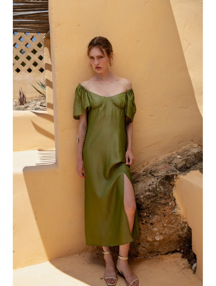 NIDODILEDA Vestir Dress Beaded Olive Green