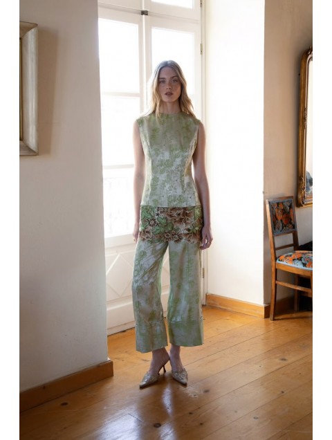 NIDODILEDA Way Pants Floral Printed Satin Σατέν Πράσινο Παντελόνι