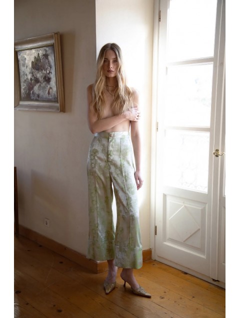 NIDODILEDA Way Pants Floral Printed Satin Σατέν Πράσινο Παντελόνι