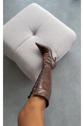 PANTERA SIREN Mamacita Knee Boots Brown Snake Καφέ Snake Μπότες με Κορδόνι