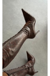 PANTERA SIREN Mamacita Knee Boots Brown Snake Καφέ Snake Μπότες με Κορδόνι