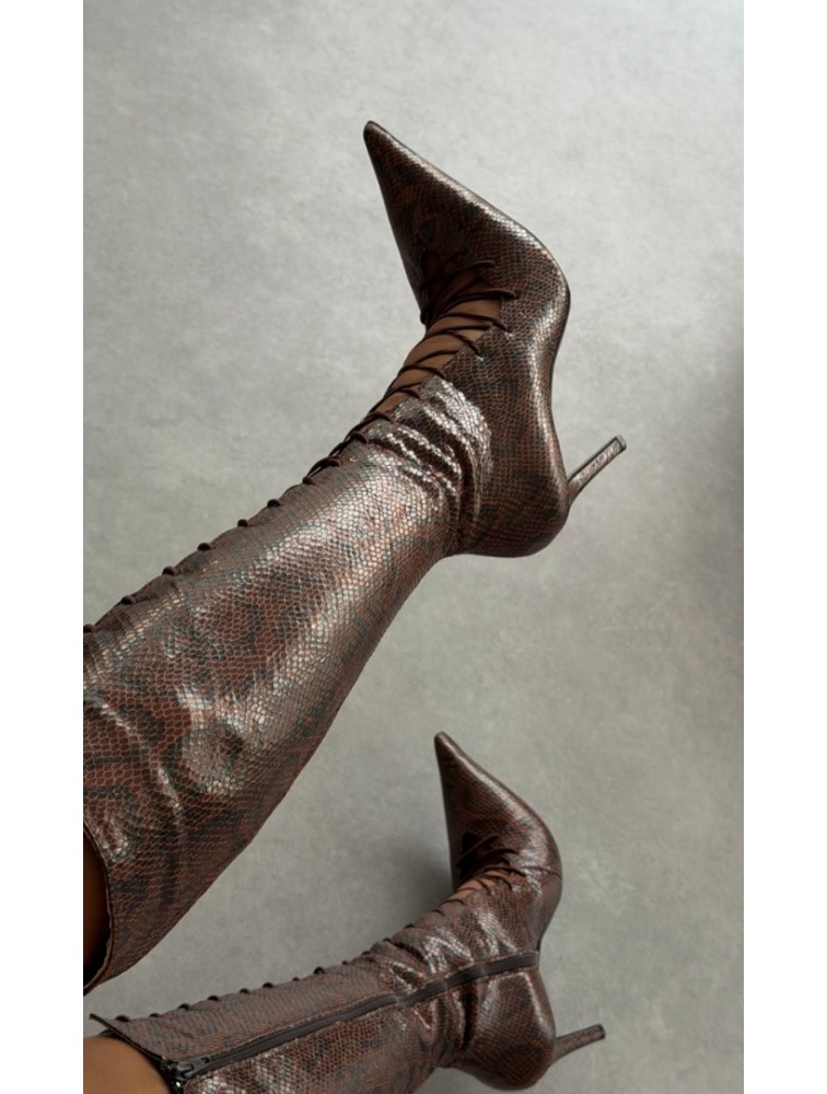 PANTERA SIREN Mamacita Knee Boots Brown Snake Καφέ Snake Μπότες με Κορδόνι