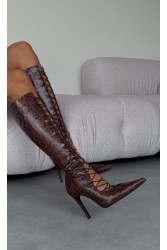 PANTERA SIREN Mamacita Knee Boots Brown Snake Καφέ Snake Μπότες με Κορδόνι