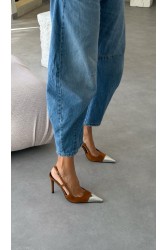 PANTERA SIREN Midnight Affair Suede Camel Κάμελ Σουέντ Slingback Γόβες με Ασημί Μύτη