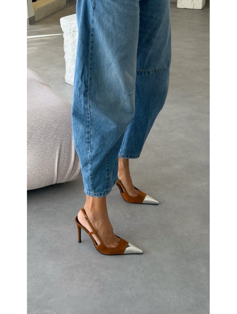PANTERA SIREN Midnight Affair Suede Camel Κάμελ Σουέντ Slingback Γόβες με Ασημί Μύτη