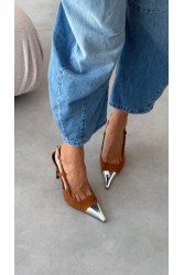 PANTERA SIREN Midnight Affair Suede Camel Κάμελ Σουέντ Slingback Γόβες με Ασημί Μύτη