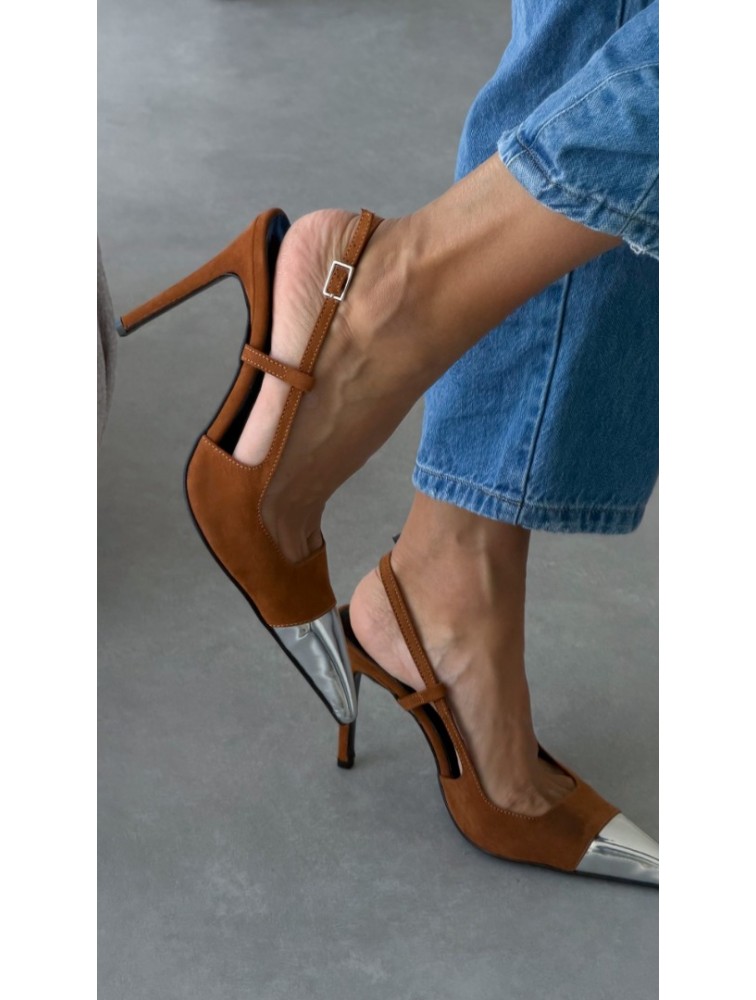 PANTERA SIREN Midnight Affair Suede Camel Κάμελ Σουέντ Slingback Γόβες με Ασημί Μύτη
