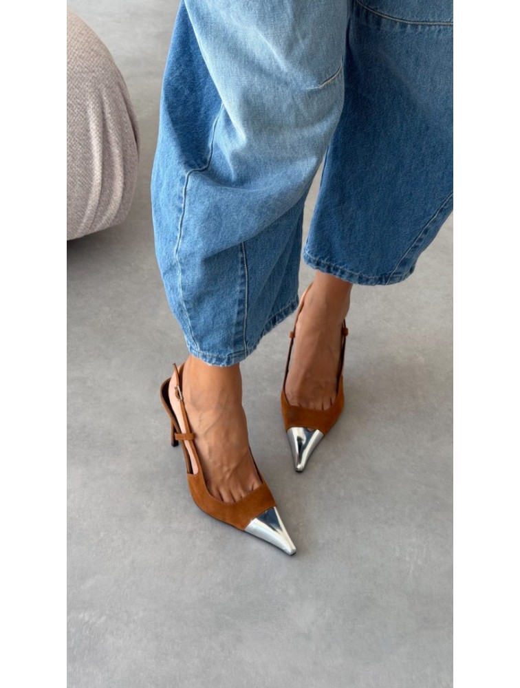 PANTERA SIREN Midnight Affair Suede Camel Κάμελ Σουέντ Slingback Γόβες με Ασημί Μύτη