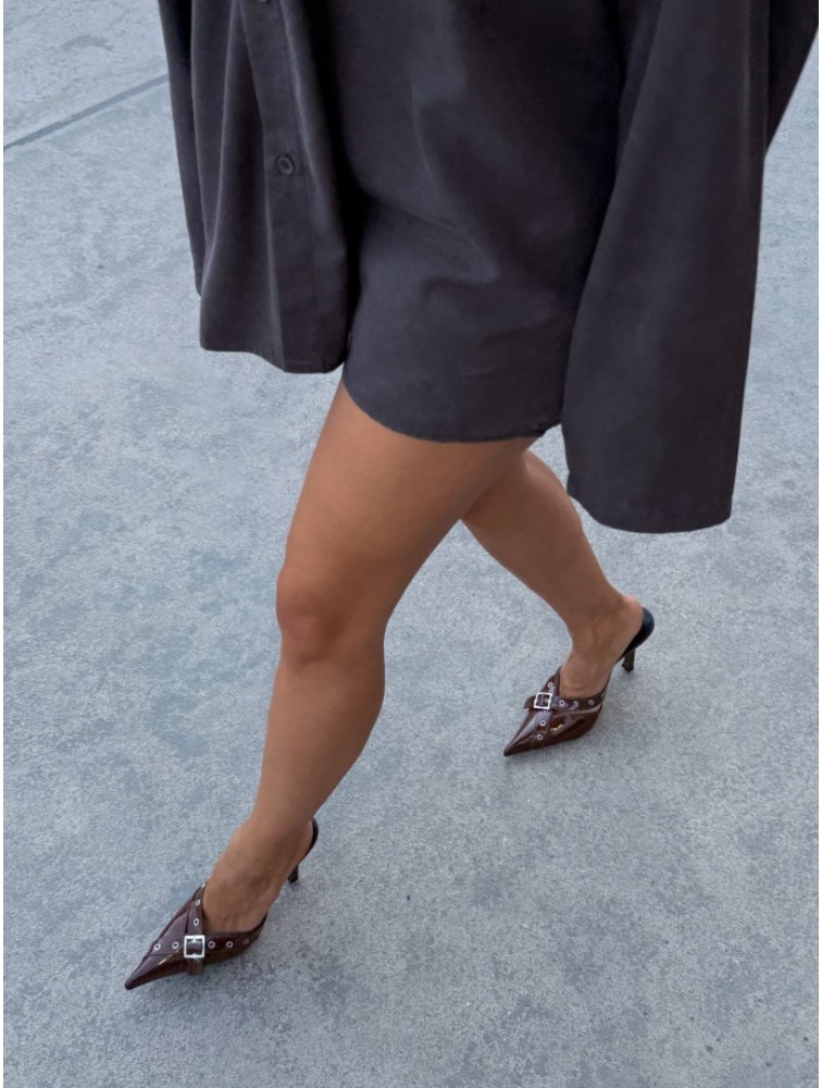 PANTERA SIREN Since Day One Brown Δερμάτινα Καφέ Γυναικεία Mules με Μεταλλικά Στοιχεία