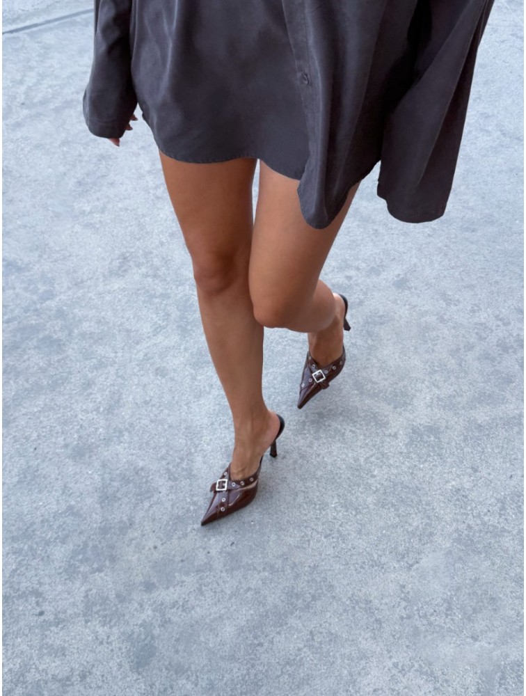 PANTERA SIREN Since Day One Brown Δερμάτινα Καφέ Γυναικεία Mules με Μεταλλικά Στοιχεία