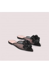 PRETTY BALLERINAS Ella Black Leather Women's Slingback Ballerinas With Silk Flower