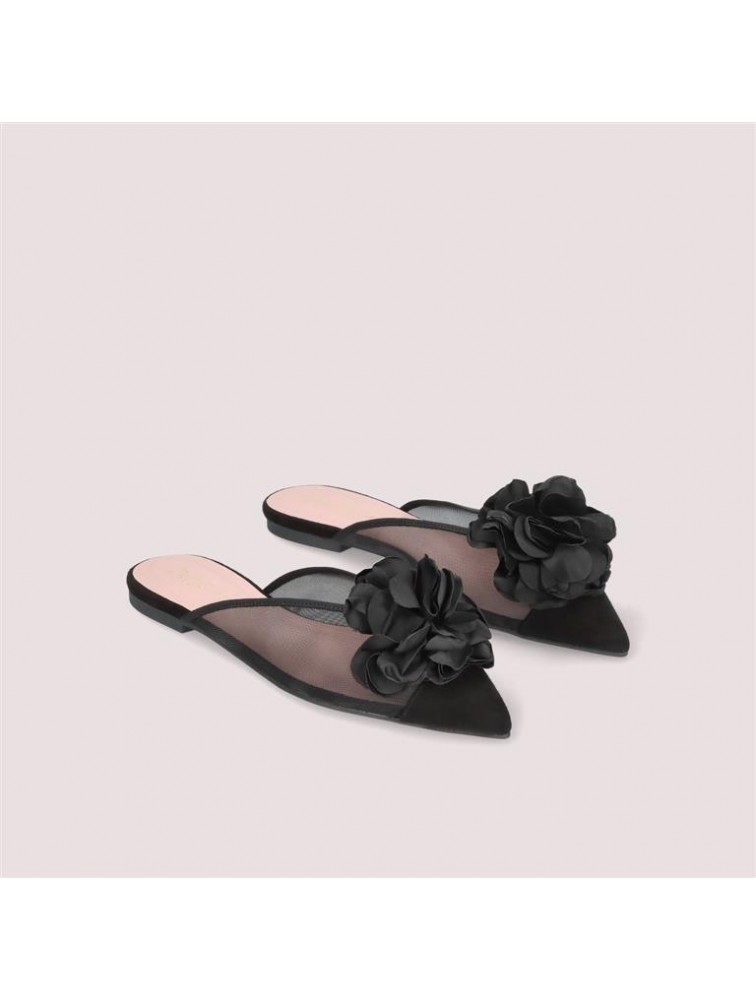 PRETTY BALLERINAS Ella Black Leather Women's Slingback Ballerinas With Silk Flower