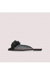 PRETTY BALLERINAS Ella Black Leather Women's Slingback Ballerinas With Silk Flower