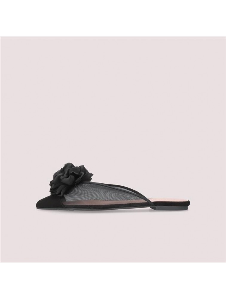 PRETTY BALLERINAS Ella Black Leather Women's Slingback Ballerinas With Silk Flower