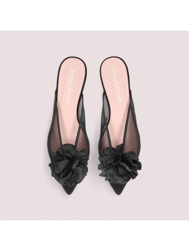 PRETTY BALLERINAS Ella Black Leather Women's Slingback Ballerinas With Silk Flower