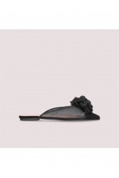 PRETTY BALLERINAS Ella Black Leather Women's Slingback Ballerinas With Silk Flower