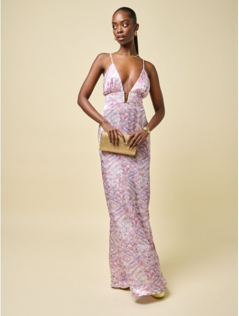 PROJECT SOMA Helenium Dress Λιλά Εμπριμέ Μάξι Φόρεμα
