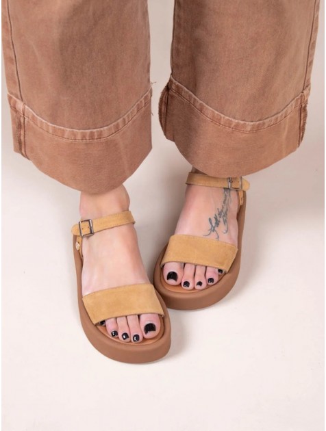SANDALISTA Caree Castor Γυναικεία Δερμάτινα FLatforms Ταμπά