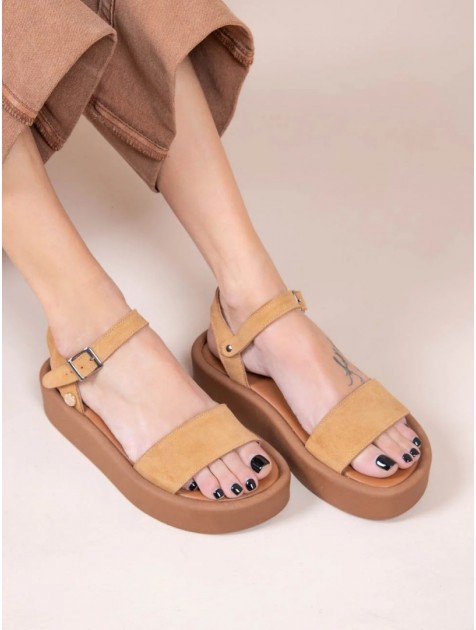 SANDALISTA Caree Castor Γυναικεία Δερμάτινα FLatforms Ταμπά