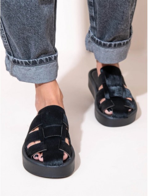 SANDALISTA Double Noir Women's Leather Mules Sandals Black