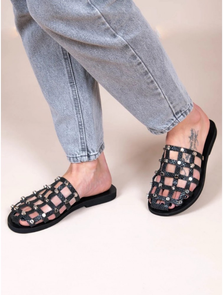 SANDALISTA Grillet Stellar Noir Women's Leather Mules/Sandals Black With Studs