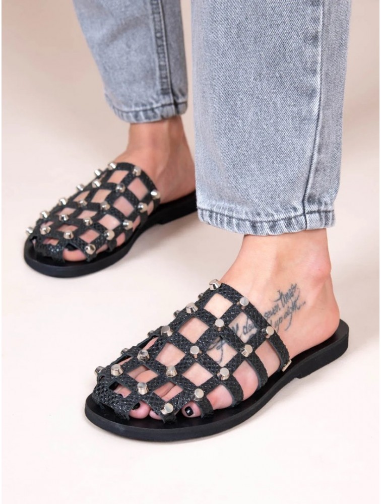 SANDALISTA Grillet Stellar Noir Women's Leather Mules/Sandals Black With Studs